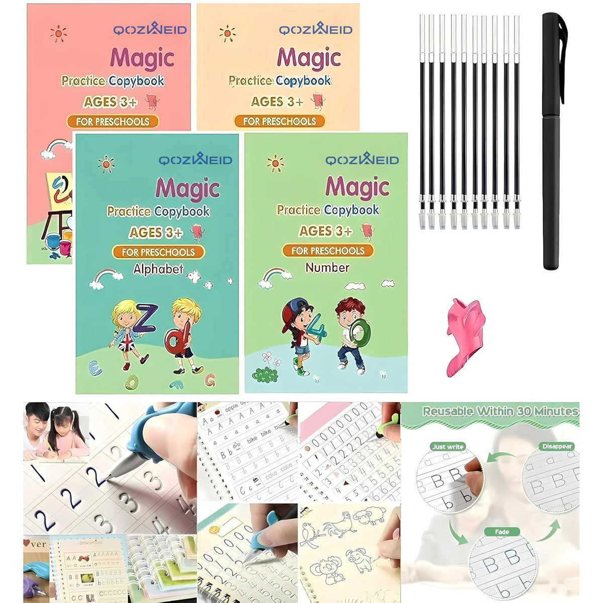Magic Practice Copybook, (4 BOOK +1 PEN + 10 REFILL)